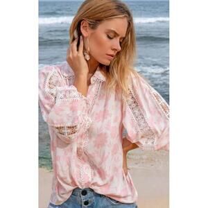 Miss June Paris Amo Women’s Top Pink Floral Buttoned White Lace Blouse One Size